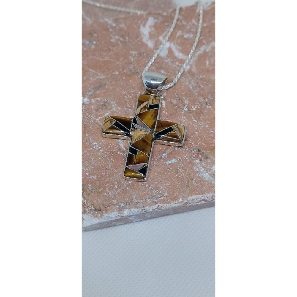 Gemstone Solid Sterling One Day At A Time Cross Pendant Necklace 18" (#9)